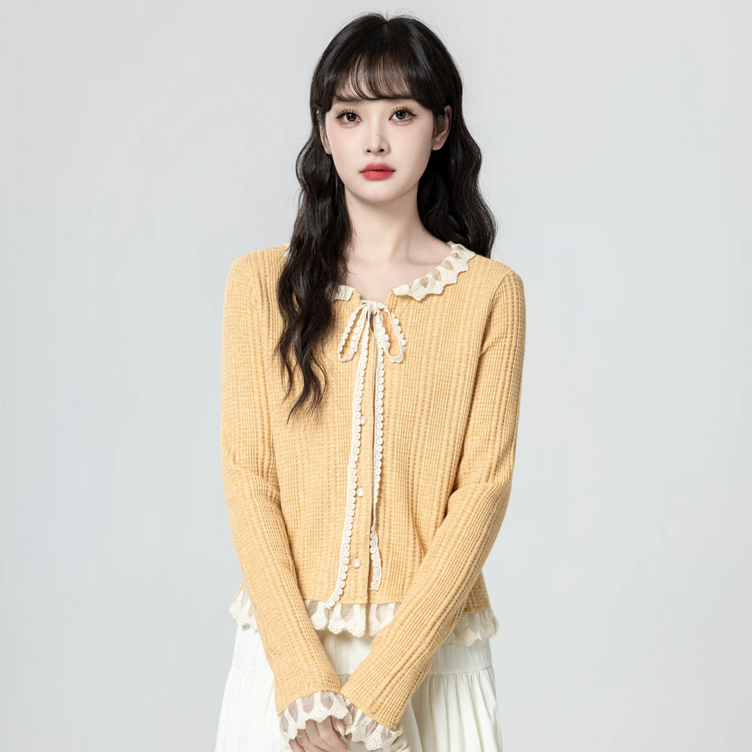黄色圆领针织开衫女春秋2025秋季新款蕾丝拼接蝴蝶结系带短款上衣