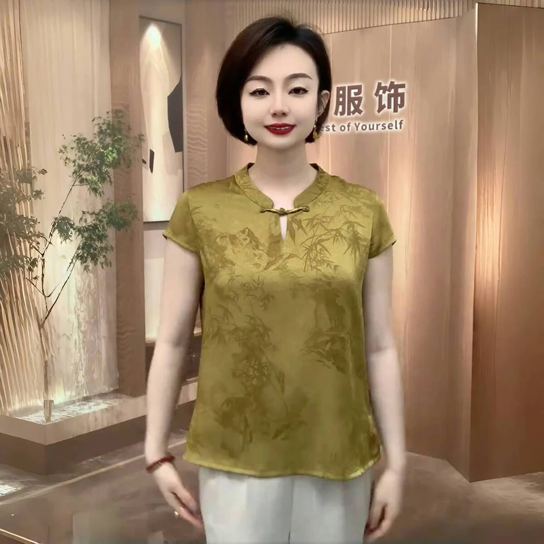 中老年妈妈夏富贵竹提花上衣短袖减龄旗袍衫宽松遮肉洋气t恤