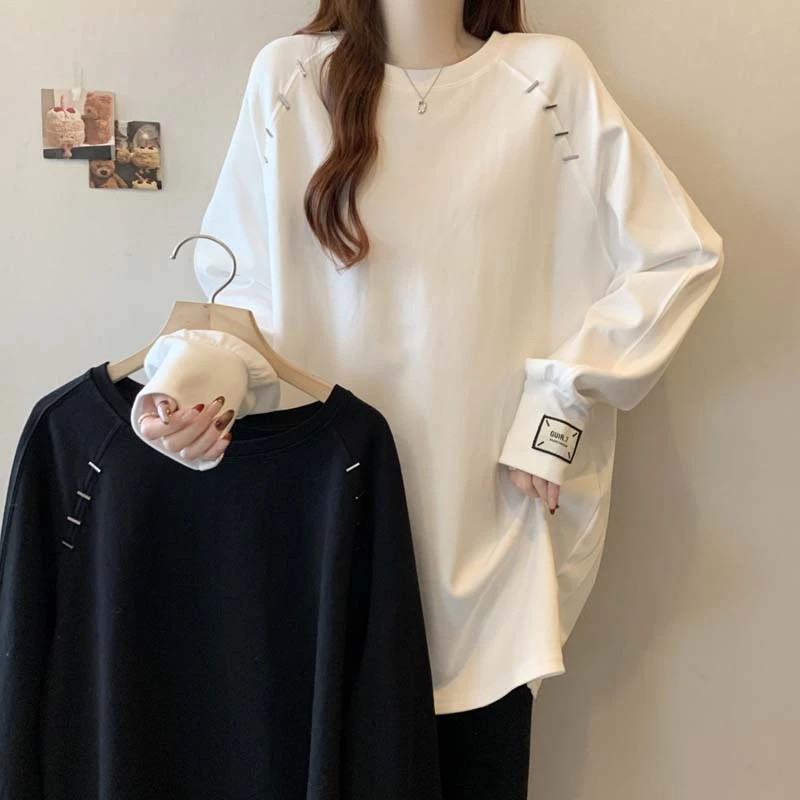 大码宽松休闲简约风长袖T恤女秋季胖mm遮肚子显瘦时尚打底衫卫衣