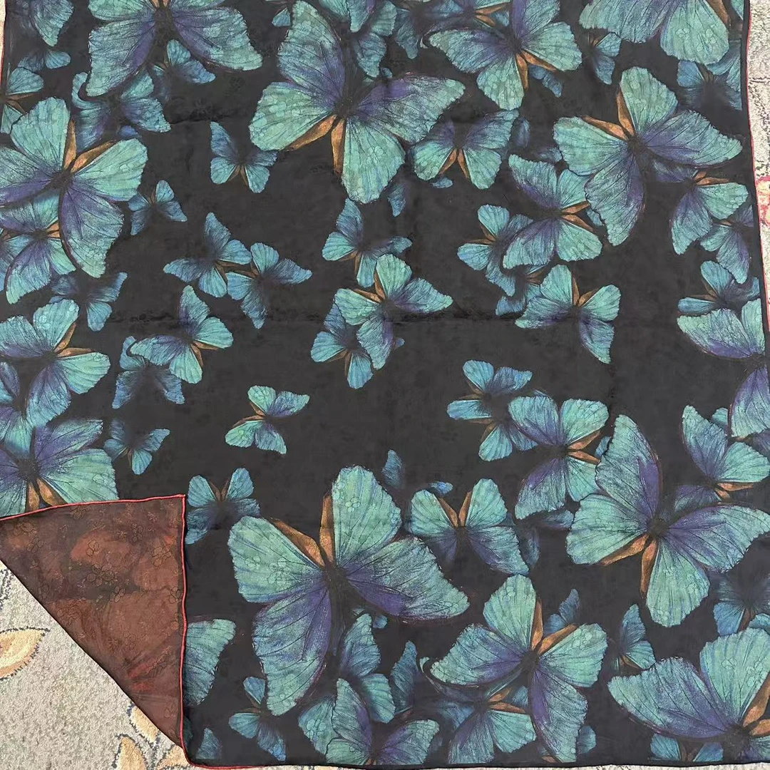 110香云纱方巾-青蓝蝶影 105cm丝巾