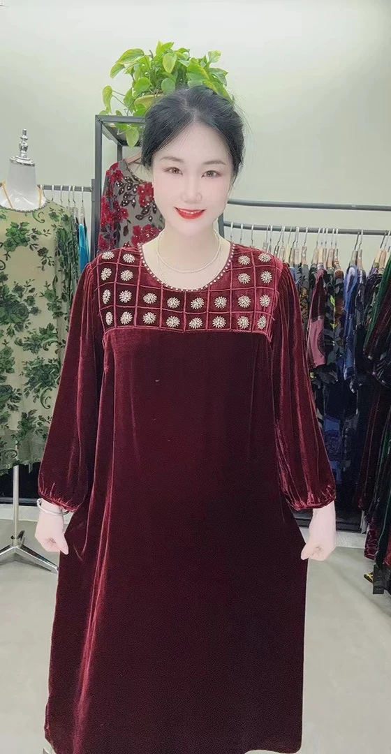 桑蚕丝连衣裙2099长款时尚遮肉妈妈装