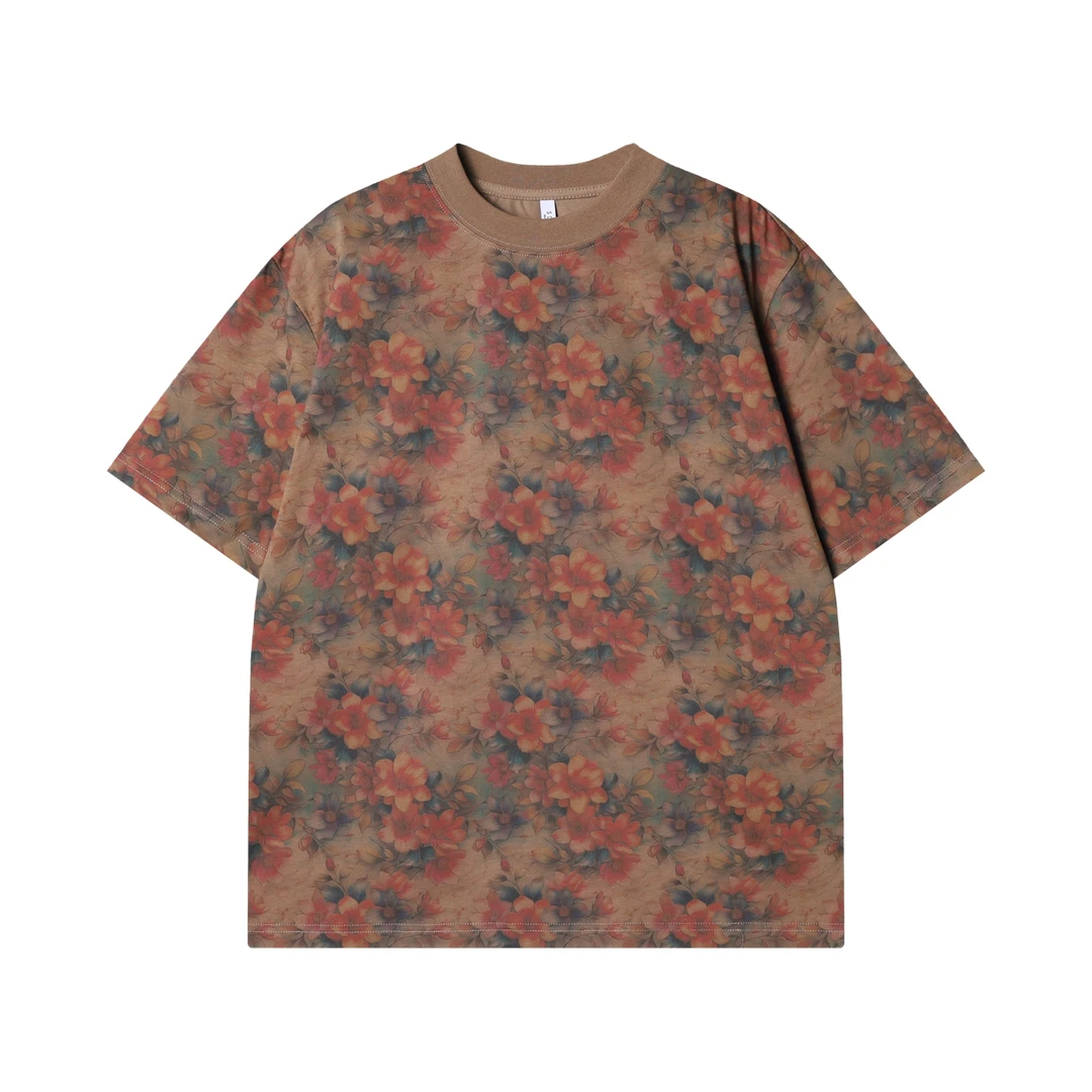 夏季高级感新款潮牌设计感彩色花卉圆领短袖T恤简约休闲通勤上衣