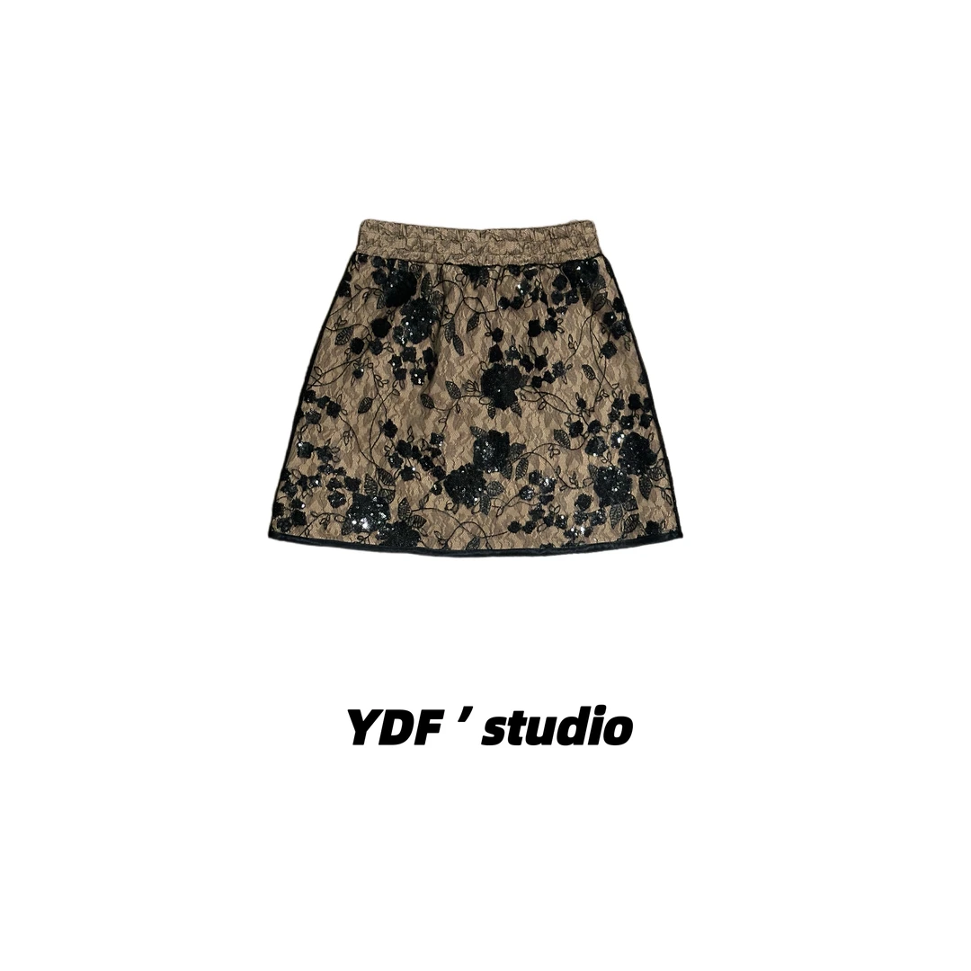 YDFSTUDIO小众【重塑蕾丝】欧货重工蕾丝刺绣拼接设计时尚半身裙