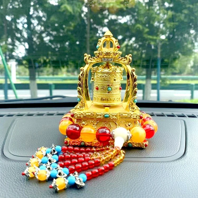 高档合金太阳能电动转经轮筒汽车摆件车载汽车内装饰品自动旋转
