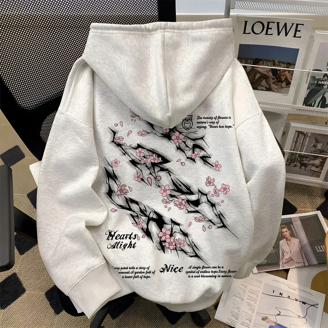 重磅美式vintage闪电梅花印花连帽卫衣宽松高街潮牌外套青少年