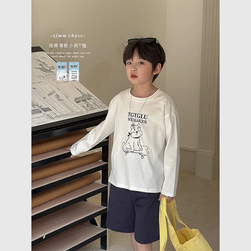 虾酱麻麻男童白色长袖t恤春秋季2025新款洋气上衣儿童纯棉打底衫