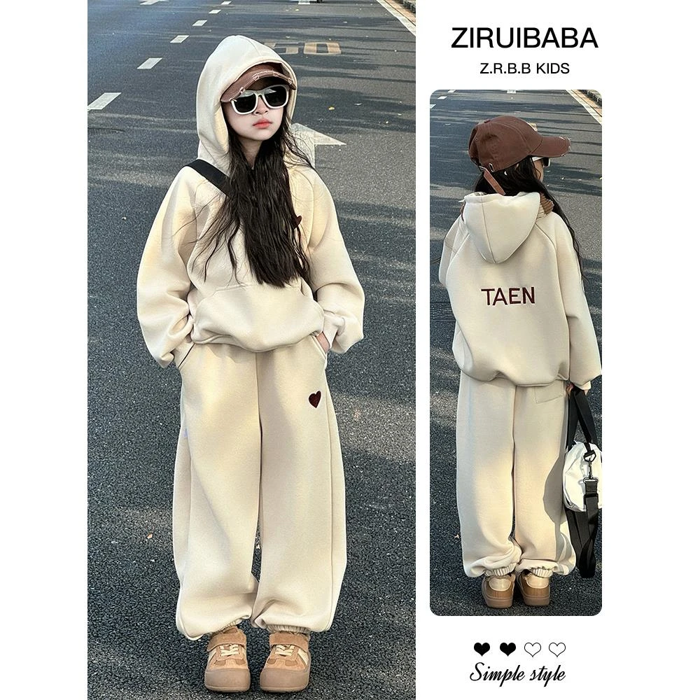 韩系冬装套装女童2025新款中大童加绒衣服儿童冬季卫衣运动两件套