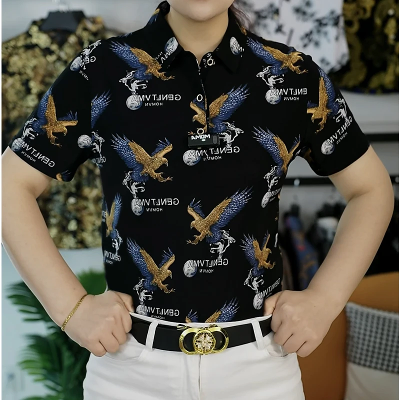 男士短袖polo冰丝印花翻领中年薄款宽松半袖商务免烫黑色衬衣碎花