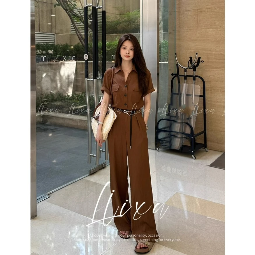 2025夏季时尚气质高腰休闲复古短袖衬衫上衣+阔腿长裤两件套装女