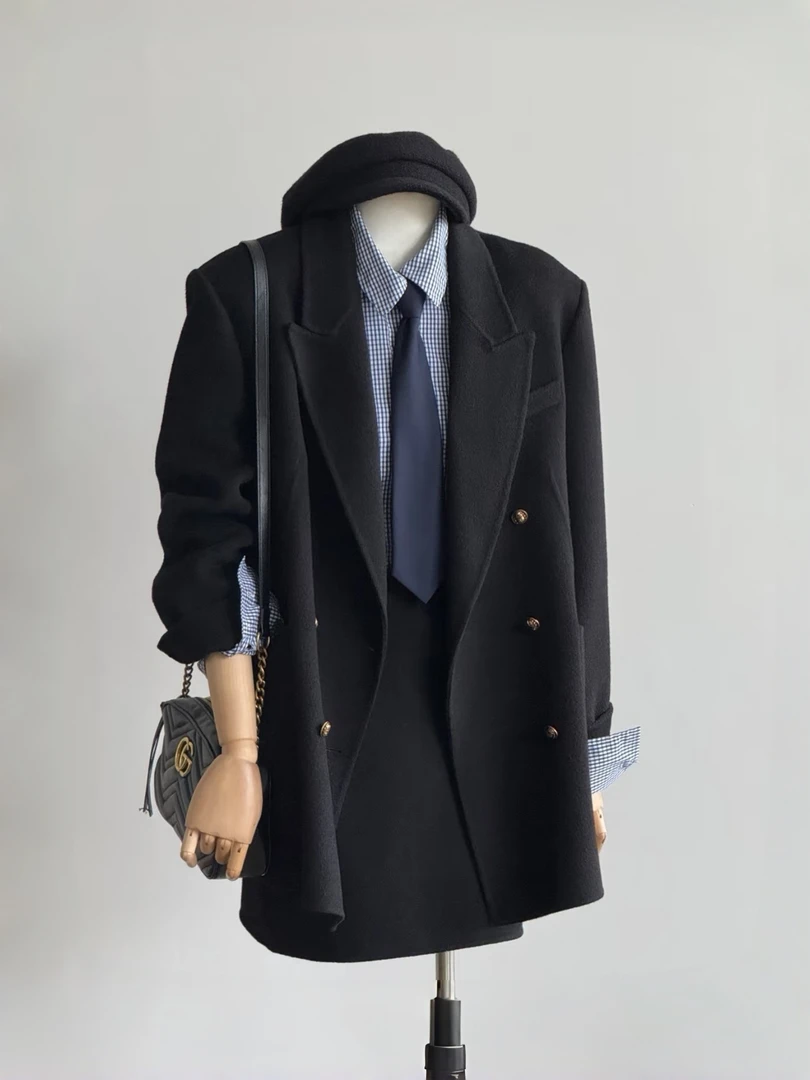 高级感黑色毛呢西装外套女秋冬双排扣气质小个子宽松双面羊毛大衣