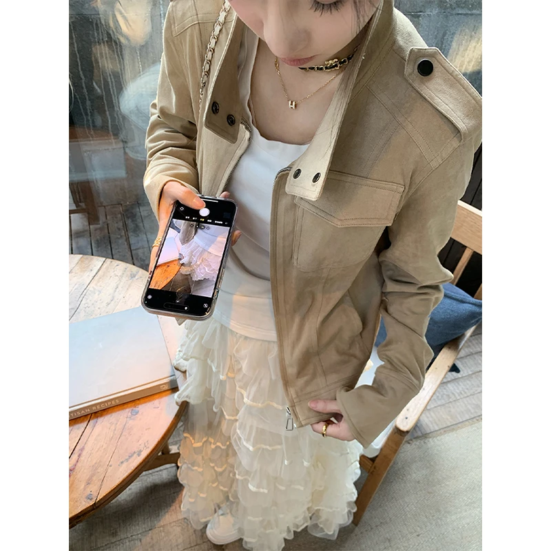 卡其色立领麂皮绒夹克外套女2025秋季新款小众短款休闲长袖上衣潮
