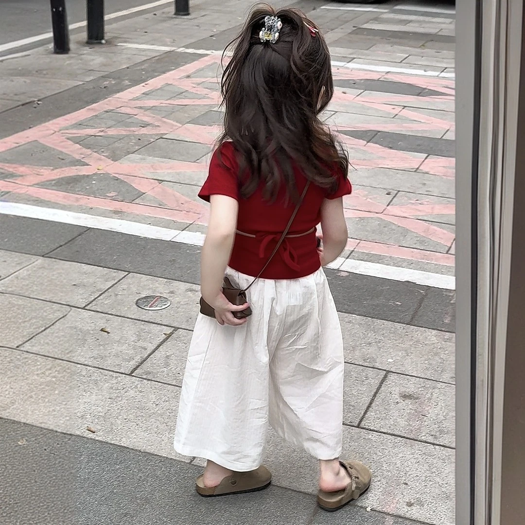 25夏装款小女孩时髦套装儿童洋气设计感镂空绑带短袖t韩范休闲裤