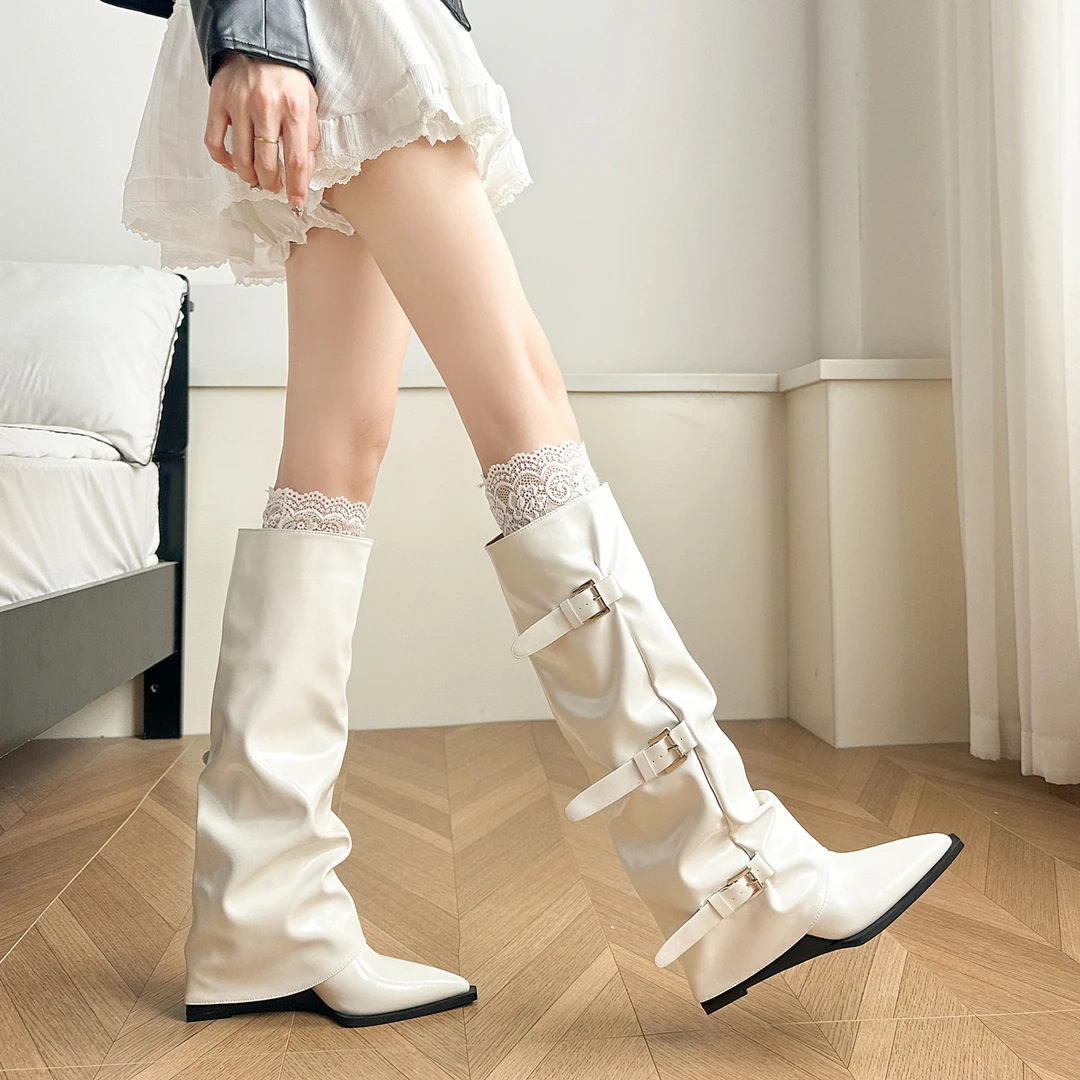 2025秋冬季坡跟高跟尖头皮面堆堆靴中筒骑士靴女鞋瘦瘦长筒长靴子