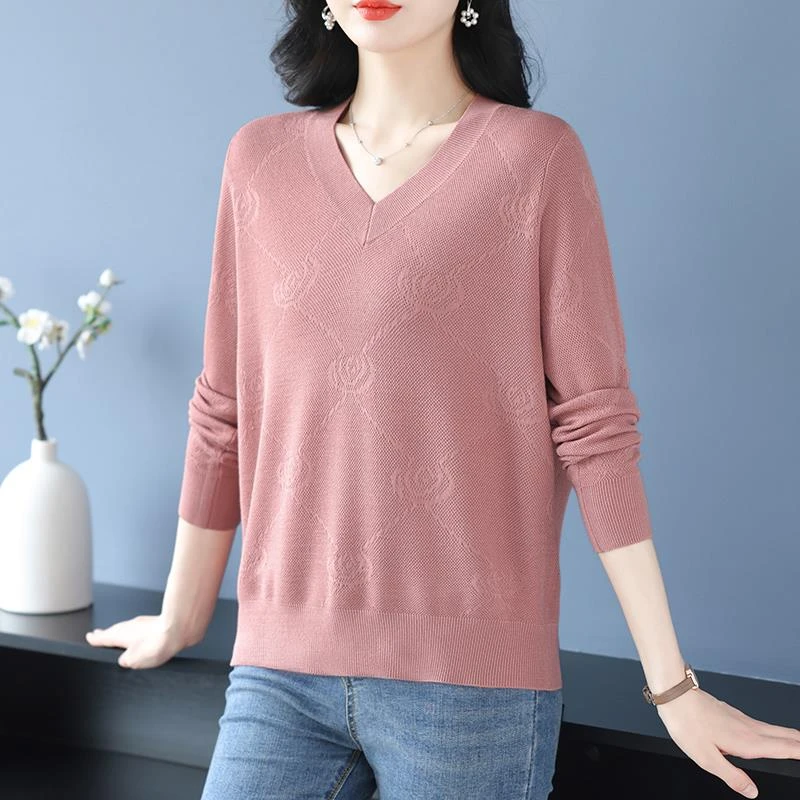 中年妈妈针织衫女士春秋2025新款宽松显瘦遮肉上衣洋气V领打底衫