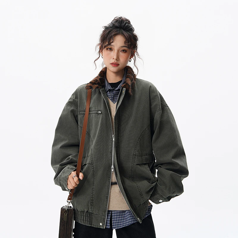 MTVO复古军绿色工装外套秋冬毛领拼接宽松bf风休闲夹克上衣潮情侣