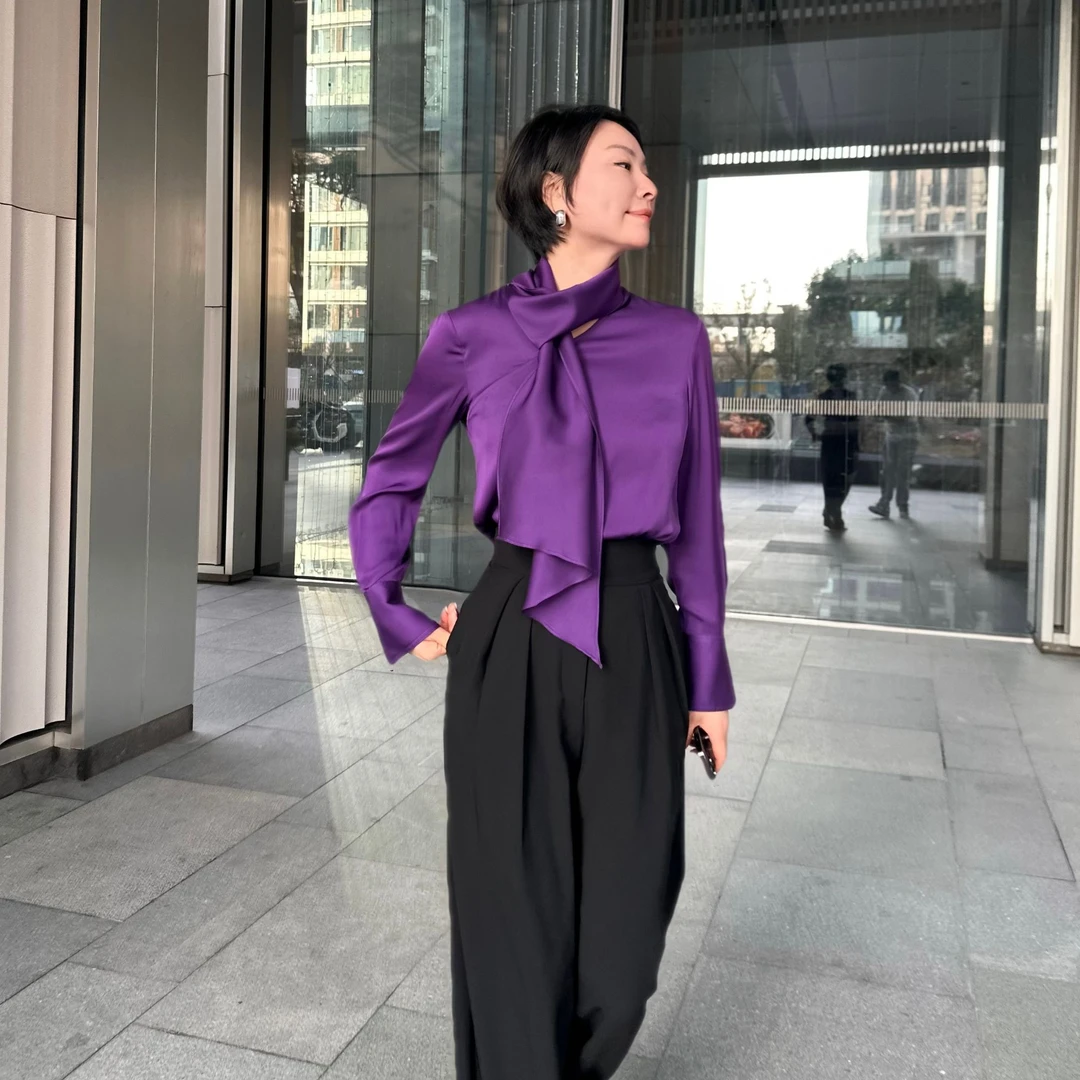 设计师款重磅桑蚕丝飘带轻奢气质衬衫X225