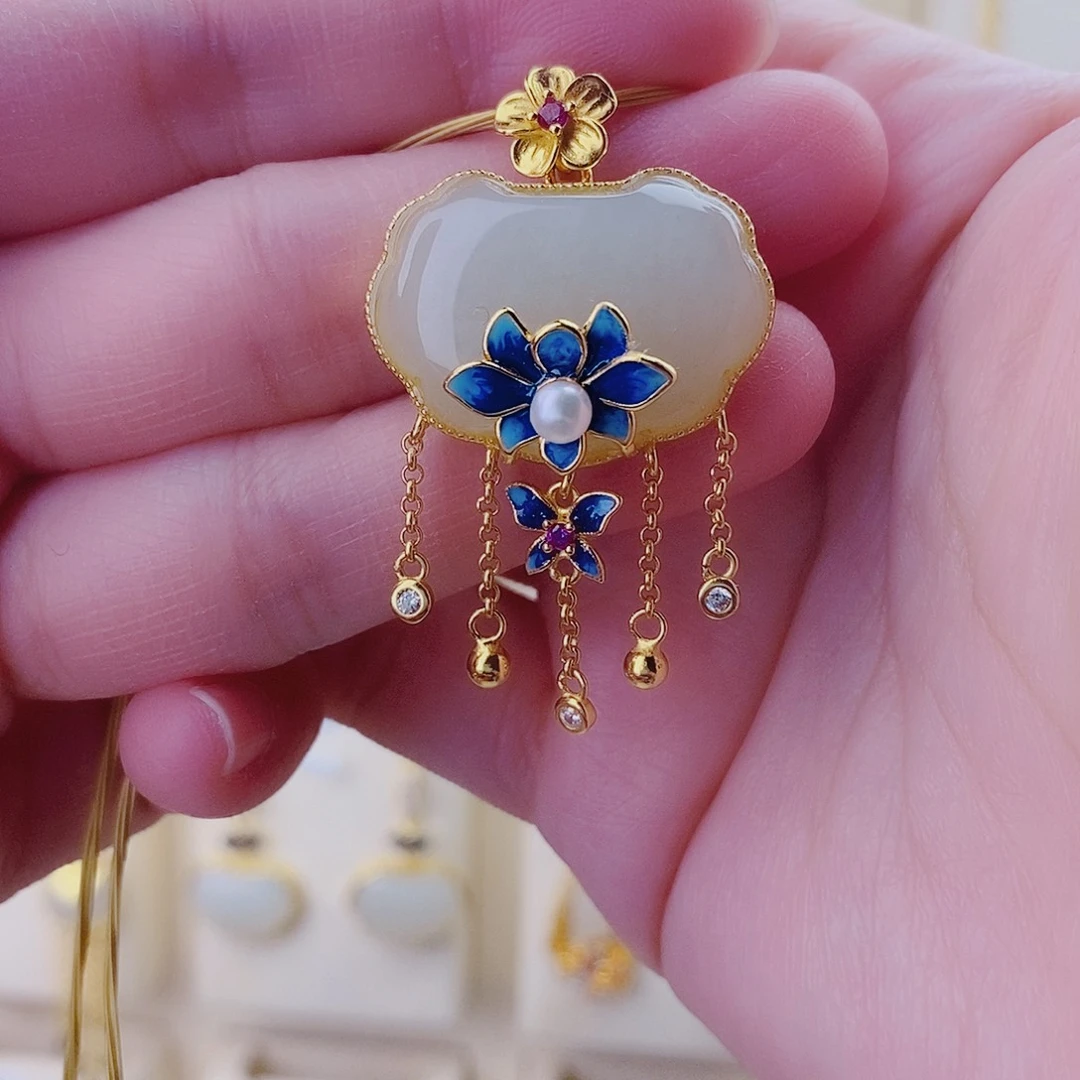 和田玉颈饰银S925镀金镶嵌