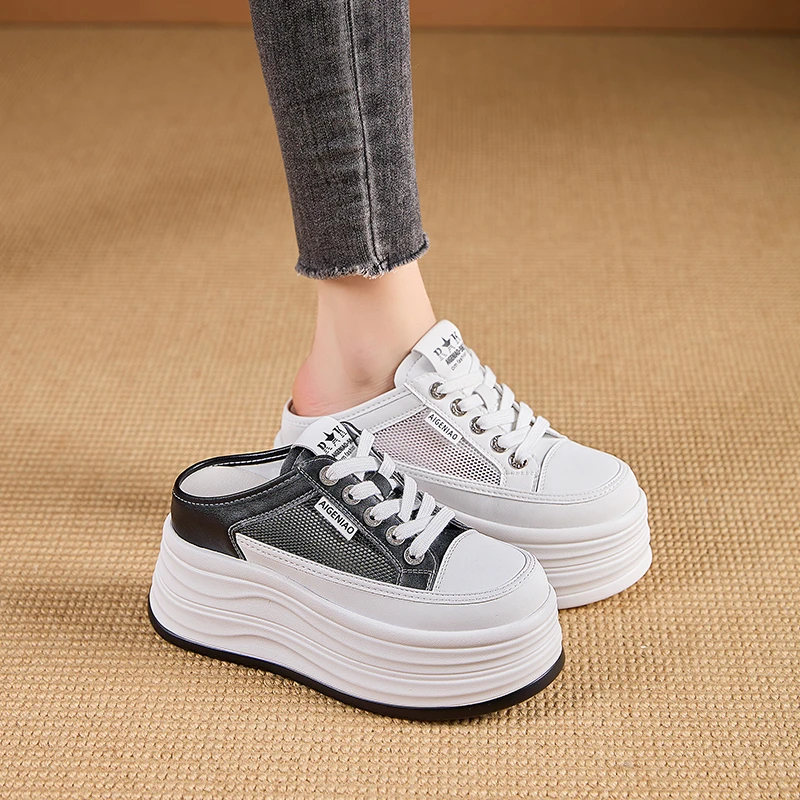 增高10cm包头半拖鞋女外穿2025春新款一脚蹬12cm透气网面百搭凉拖