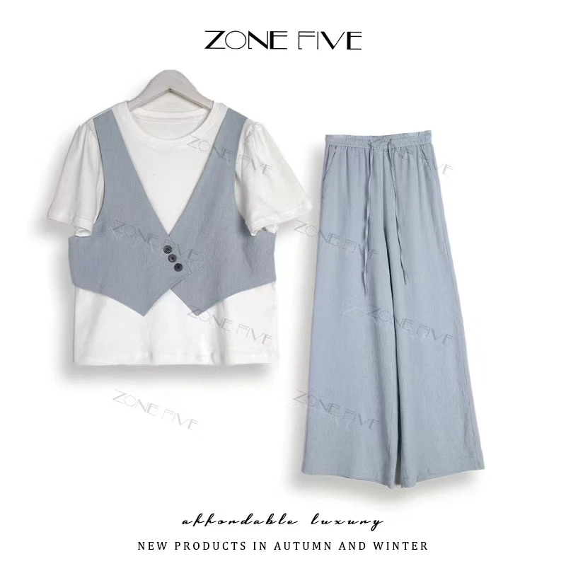 zonefive夏季新款松弛感女韩系减龄假两件T恤上衣阔腿裤穿搭套装