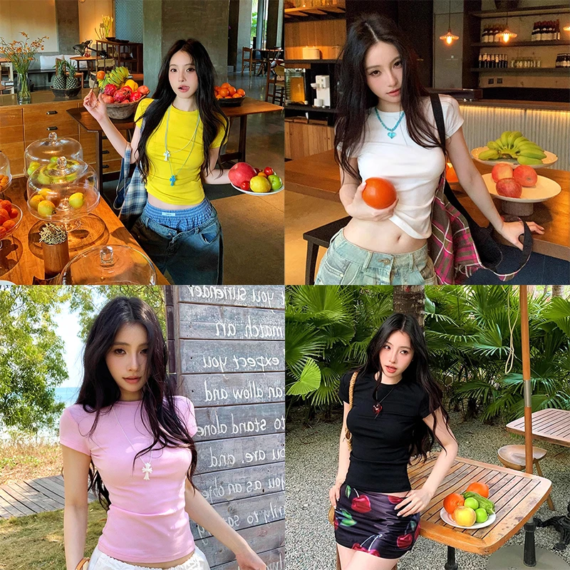 番茄妹妹Tomatosiste韩系正肩神仙百搭简约圆领修身针织短袖T恤女