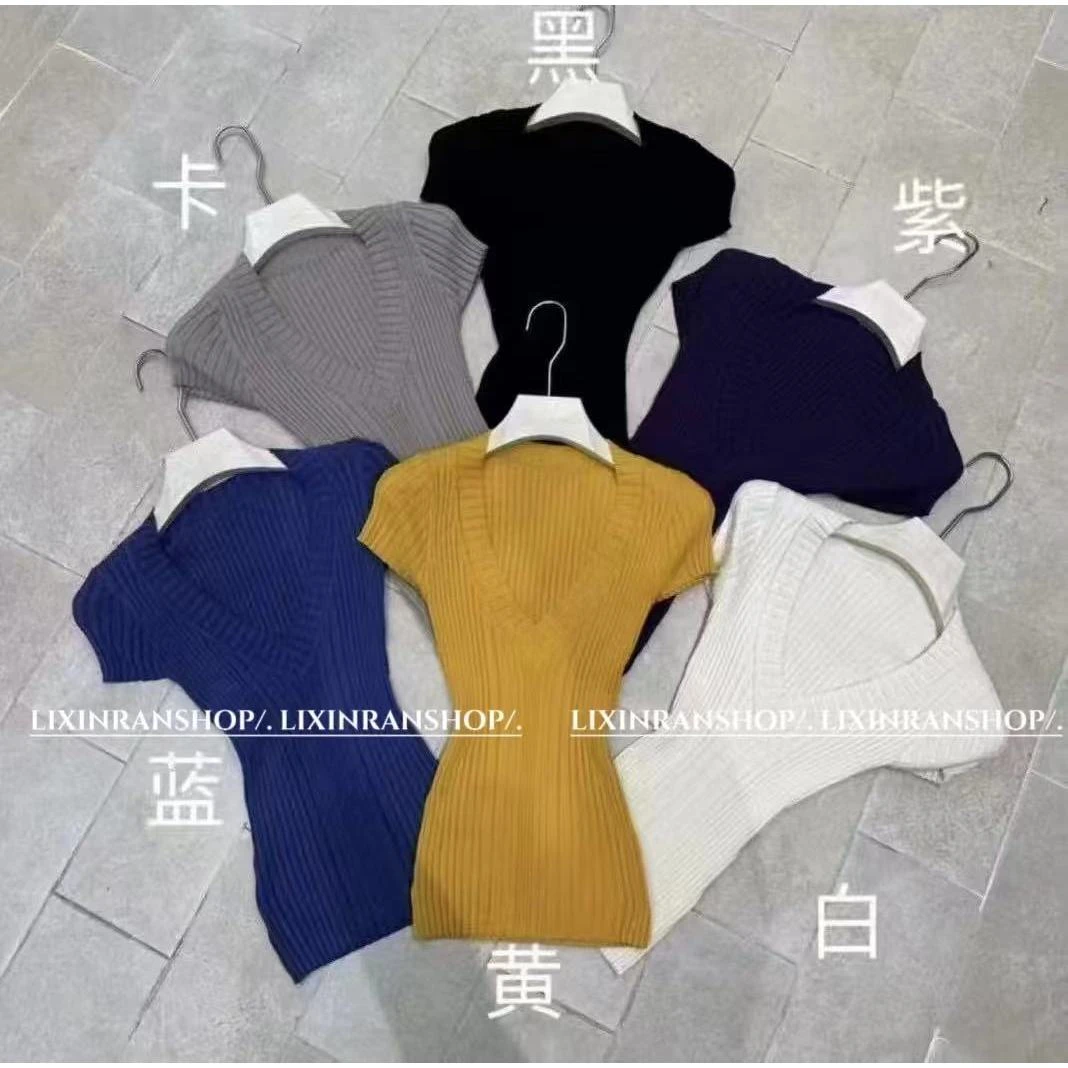 李欣然  【明媚夏日】  气质V领坑条简约高弹收腰修身上衣#D1687