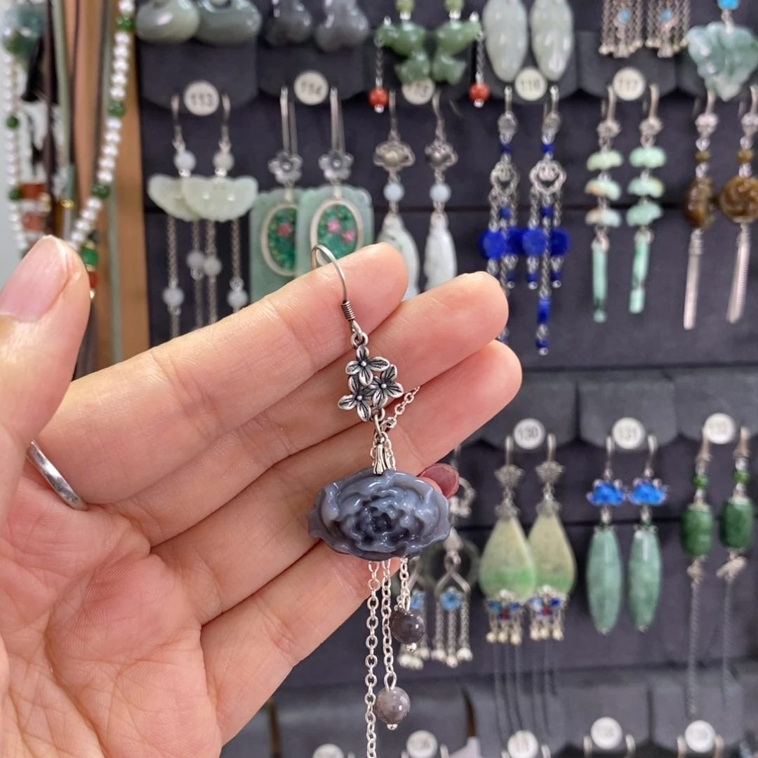 和田玉银S925镶嵌耳饰阿*X34