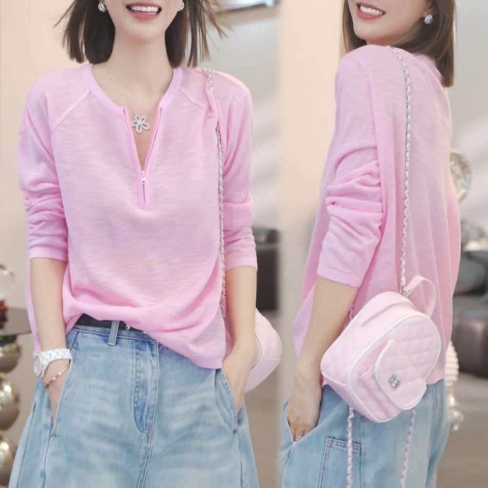 轻薄百搭慵懒风长袖T恤女2025夏季新款休闲薄防晒针织衫上衣洋气Y