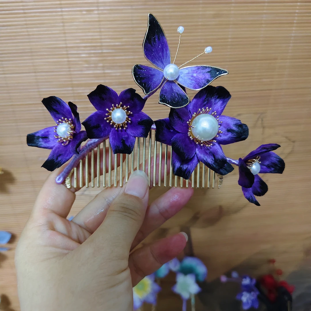 捞月郎绒花紫色水墨色仙女风发簪