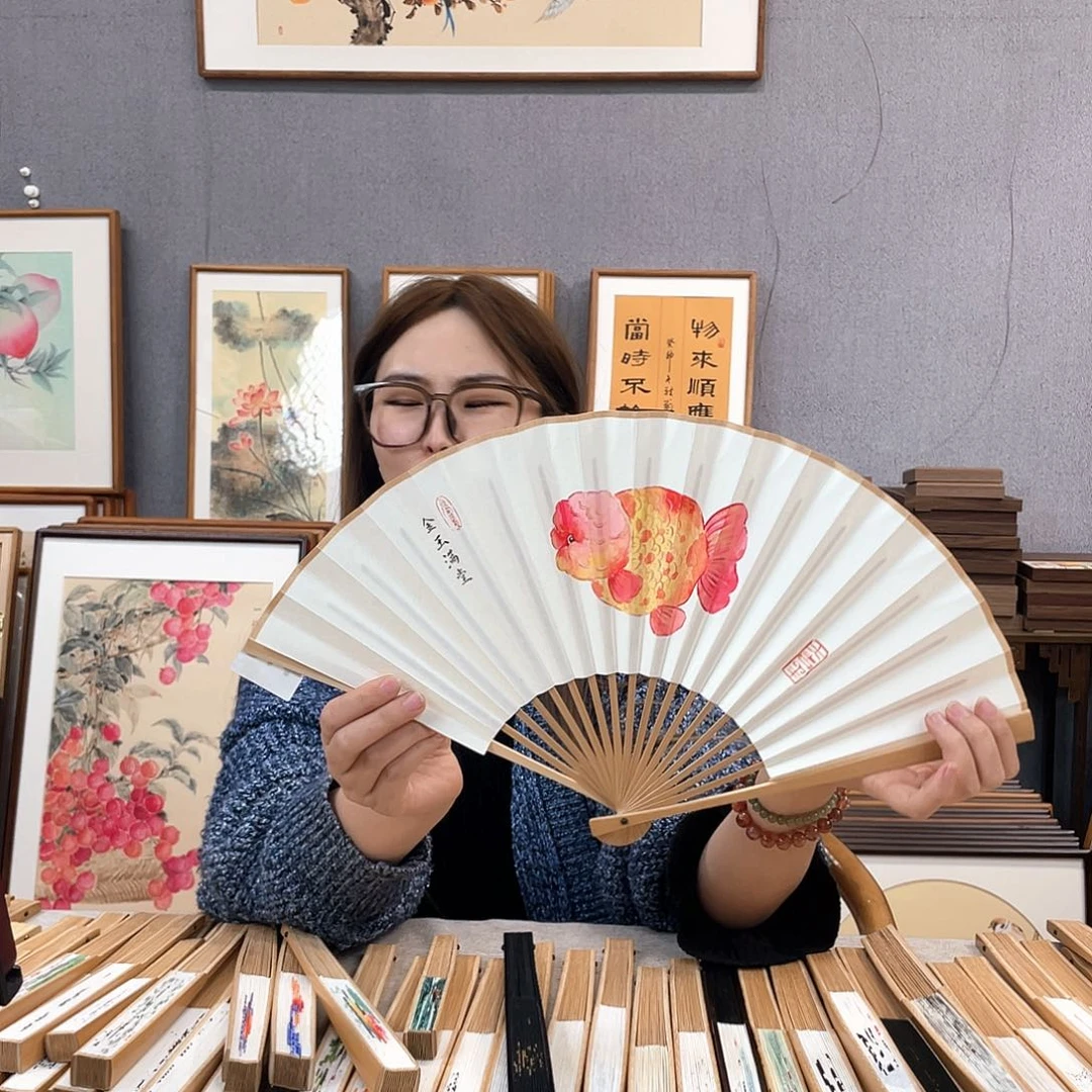 国画8寸玉竹-纯手绘-文玩扇骨（默认粘好）