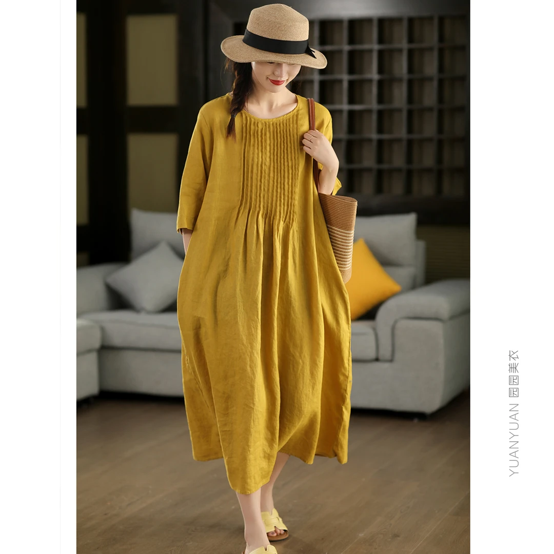 园园美衣复古风琴褶100%亚麻连衣裙女气质套头长裙文艺大摆裙麻裙