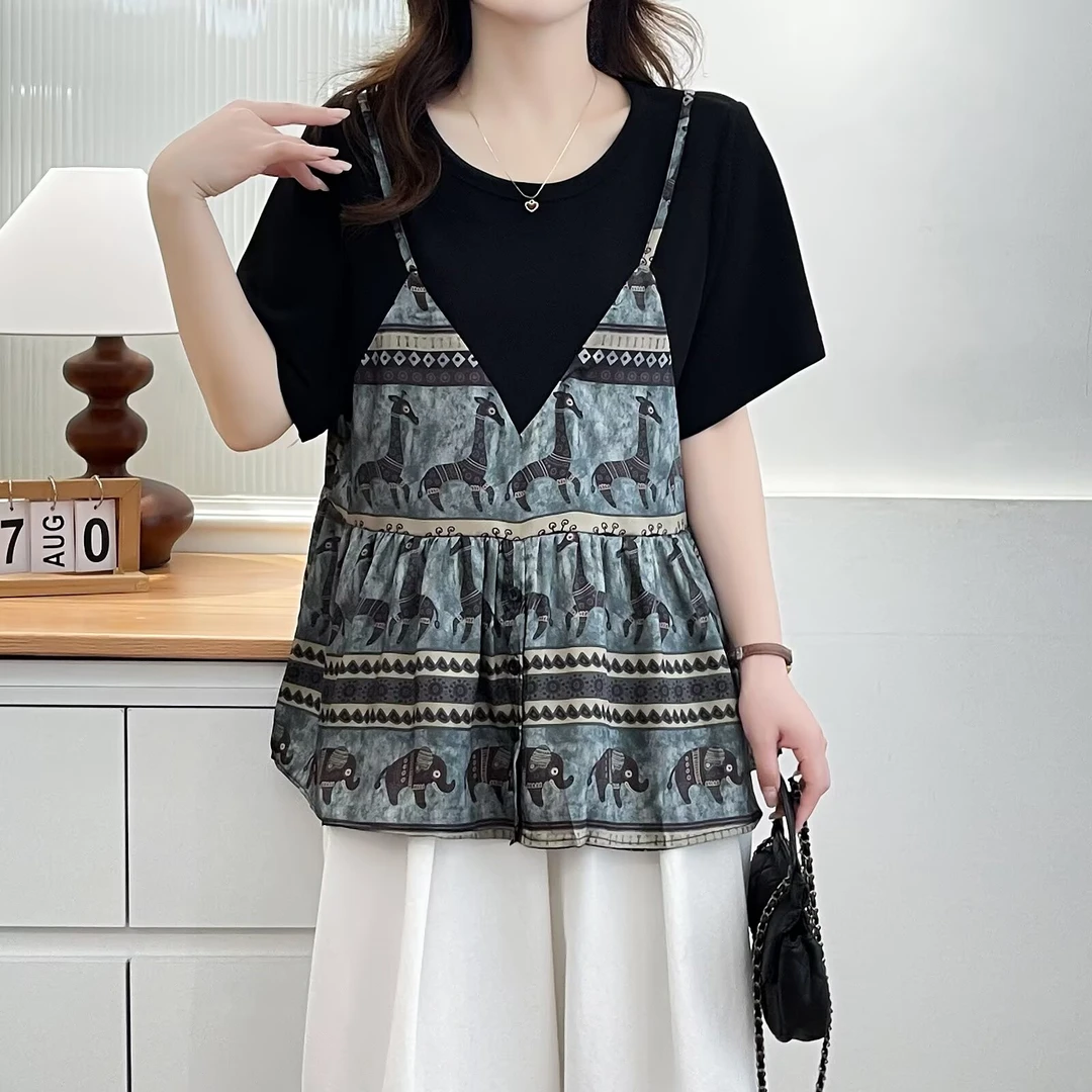 梦冬佳--110-200斤大码女装夏季拼色假两件遮肚子宽松显瘦T恤上衣