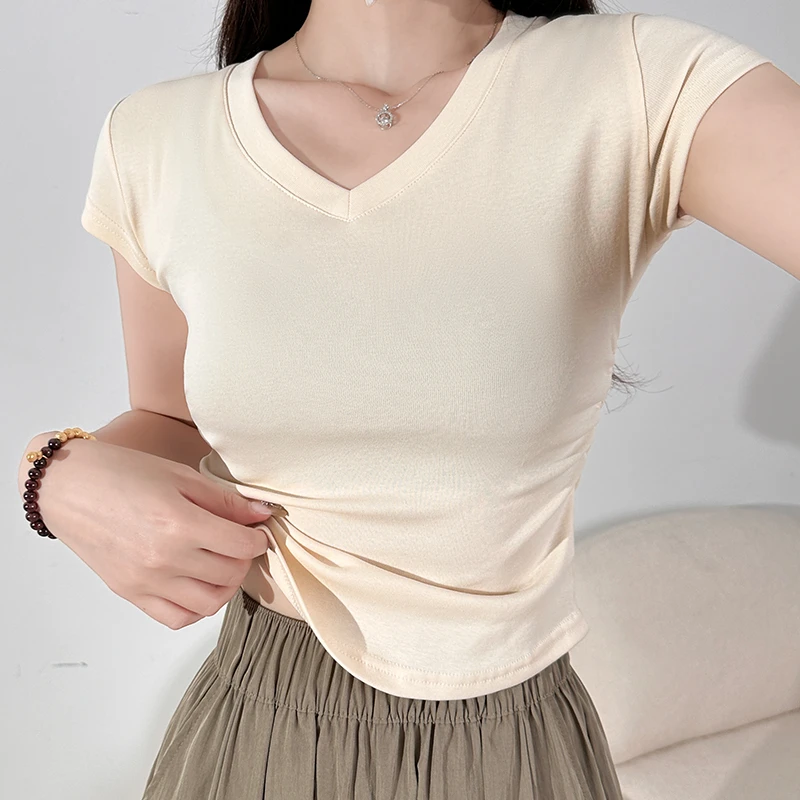 正肩短袖上衣2025春款女装最新爆款收腰显瘦时尚甜辣妹风短款T恤