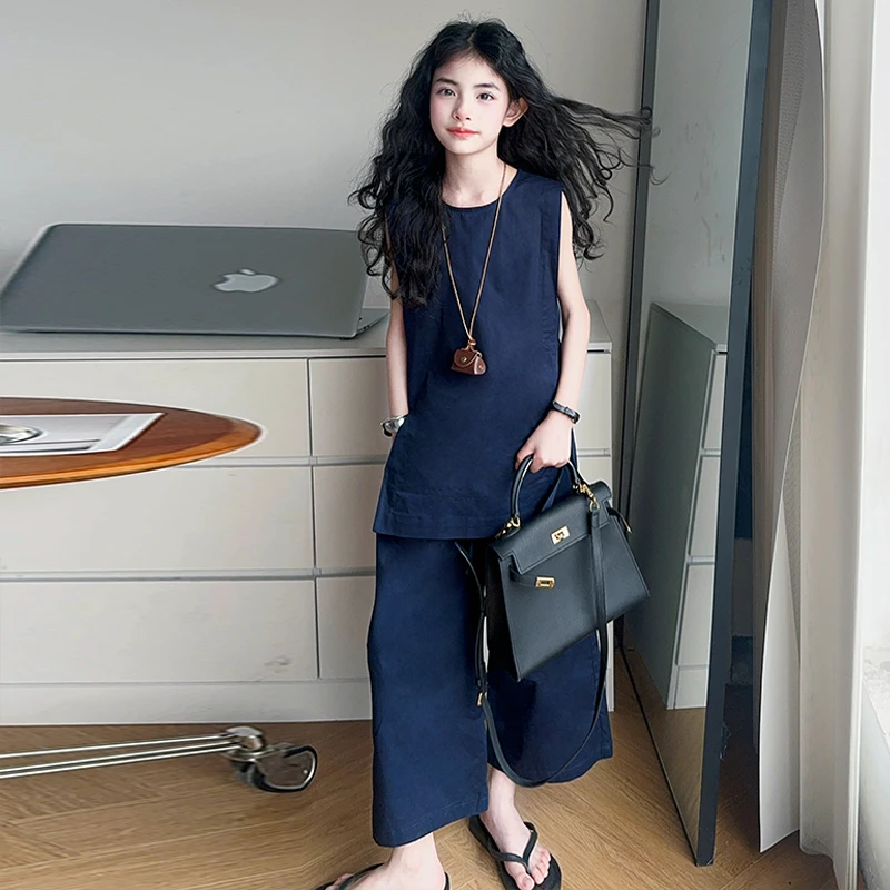 女童2025夏季新款简约高级休闲时尚洋气甜酷无袖上衣阔腿裤两件套