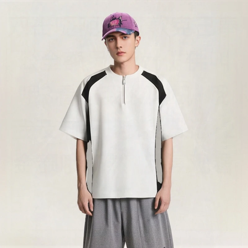 特大码300斤美式高街个性半拉链短袖T恤男款夏季纯棉重磅上衣半袖