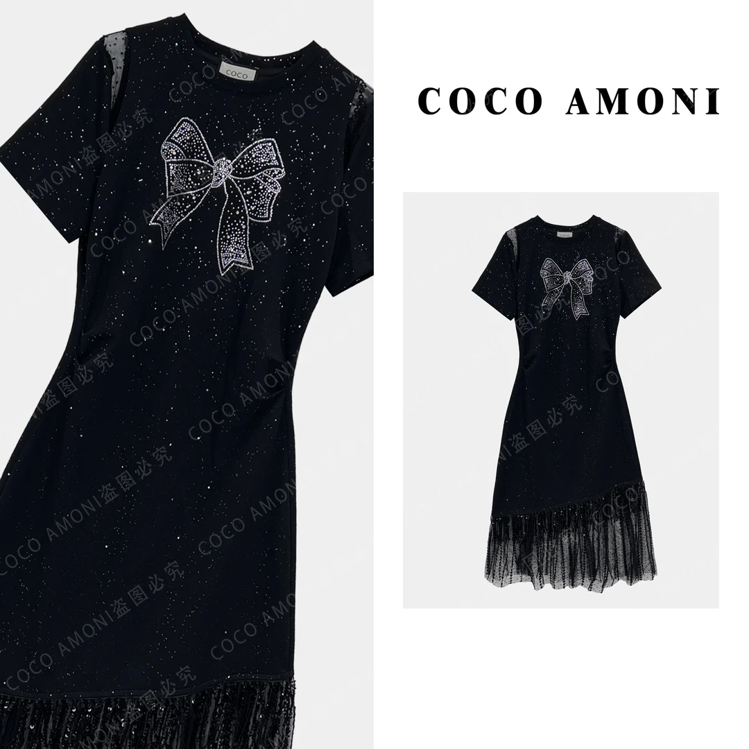 时尚高级感带亮钻设计女装拼接烫钻蝴蝶结气质显瘦连衣裙ZC537