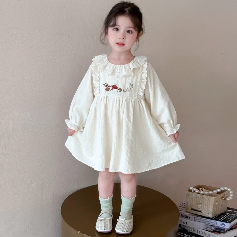 女童春季娃娃领连衣裙2025新款洋气棉麻裙子儿童春装长袖公主裙