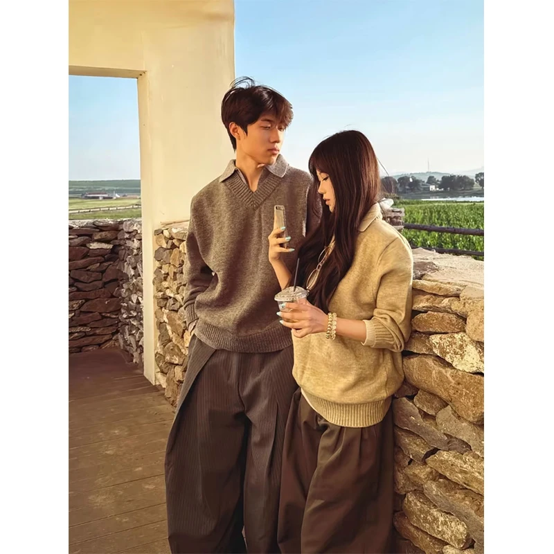 美式复古假两件V领针织毛衣男冬季翻领慵懒老钱风针织衫上衣情侣