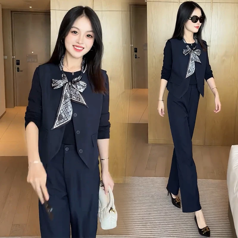 时尚套装女2025秋季新款洋气显瘦西装马甲背心打底衫阔腿裤两件套