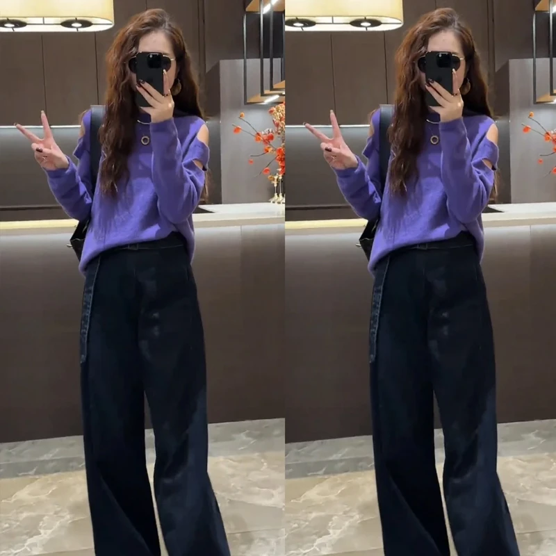 2025年早秋新款韩版时尚露肩圆领针织衫上衣+直筒阔腿牛仔两件套