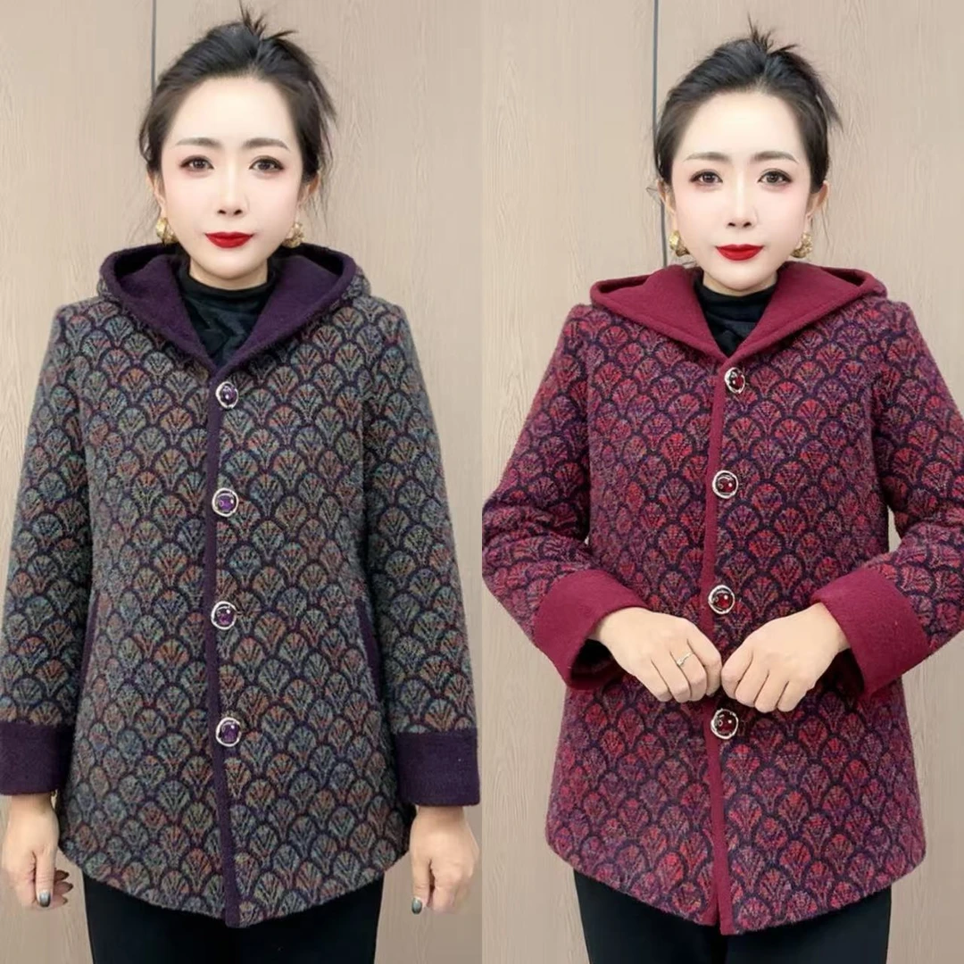 扇面金绒厚款内里加棉直筒连帽冬季中年女装长袖老妈外套（F）洋气