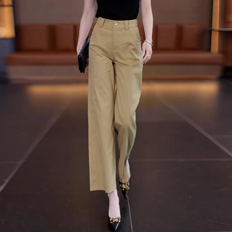 拉夏贝尔卡其色休闲直筒裤女2025新款夏季高腰显瘦百搭九分阔腿裤