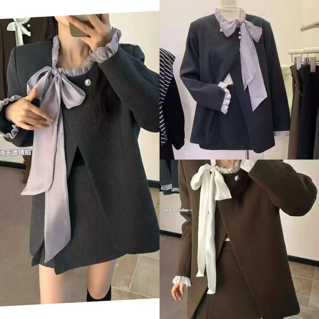 2025甜美风微胖韩系设计感时尚高级气质蝴蝶结上衣+短裙套装8116