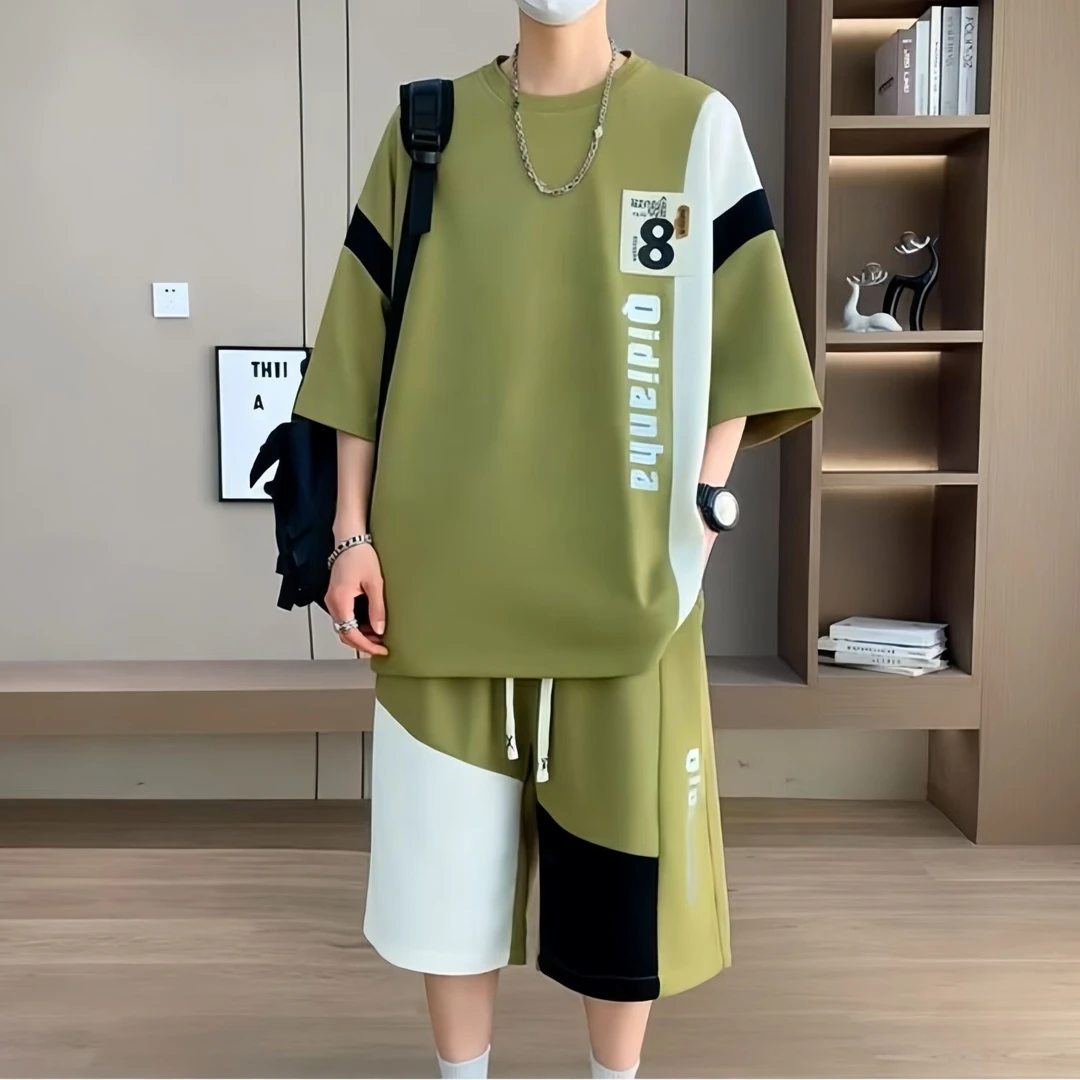 青少年休闲运动套装男装夏季新款宽松大码撞色短袖T恤短裤两件套
