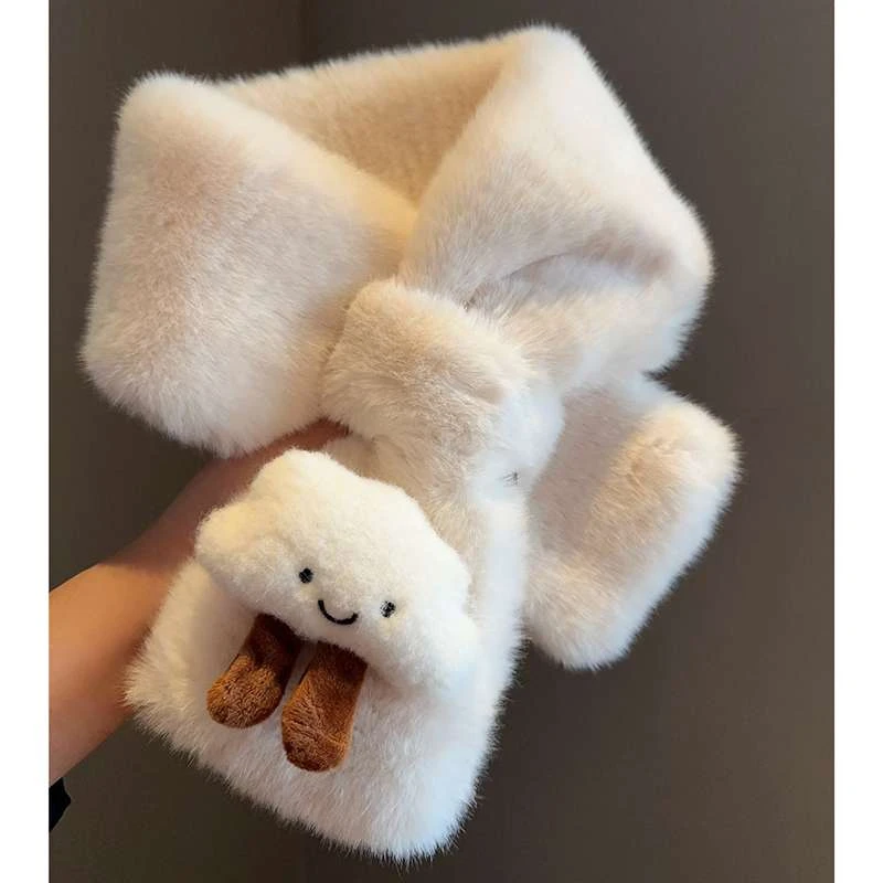 FAVMARTHA卡通云朵可爱少女冬季毛绒绒围脖学生百搭加厚保暖交叉