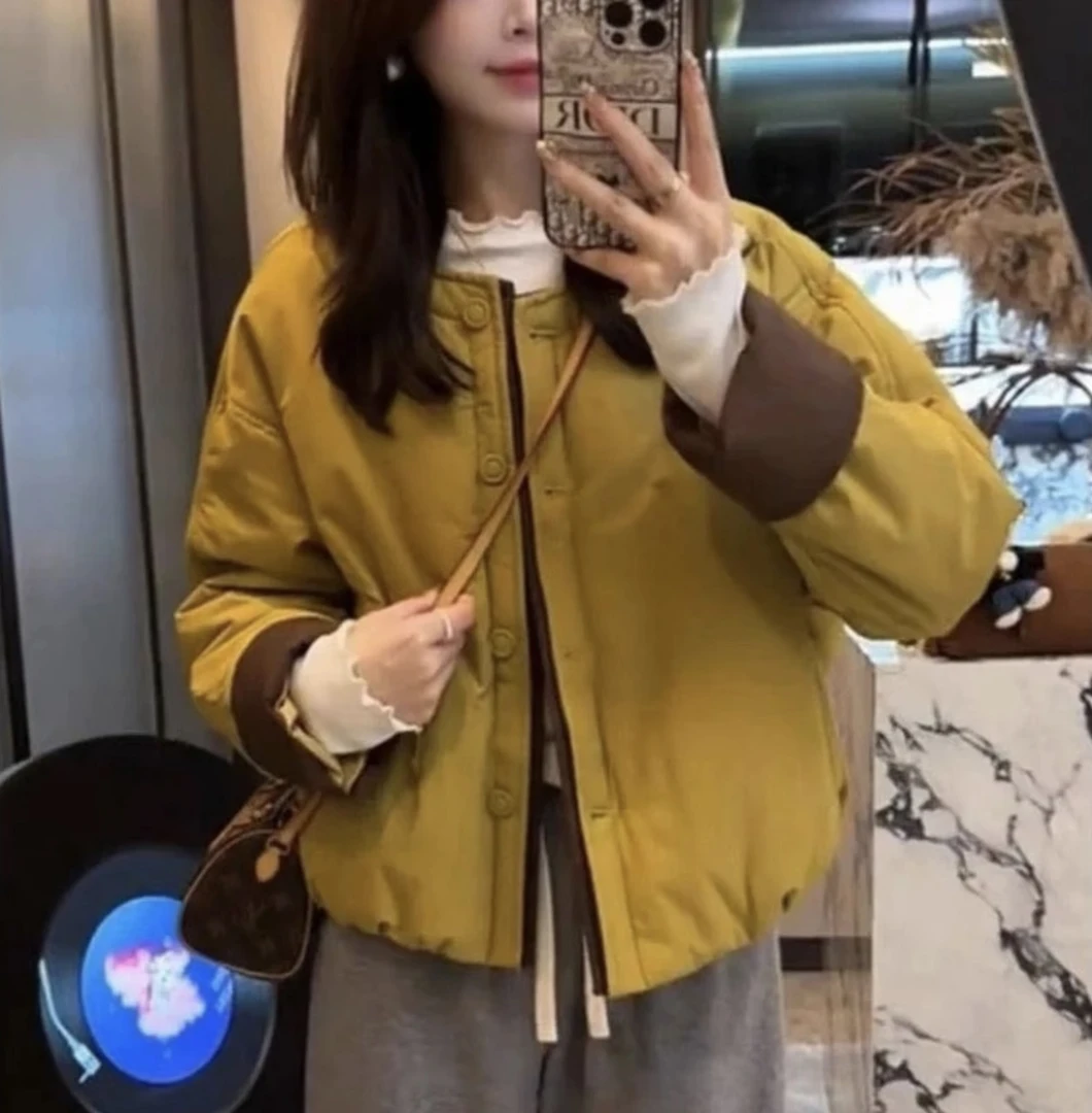 棉感撞色圆领设计感棉服外套女秋冬季新款时尚宽松小个子棉衣