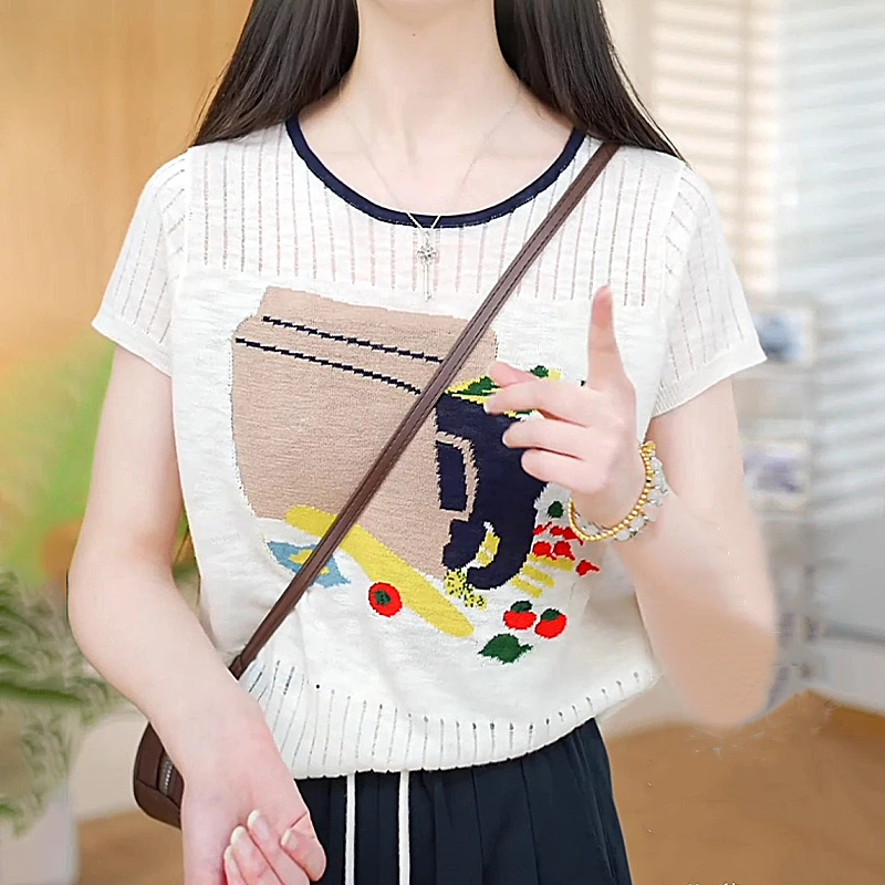 复古港风时尚休闲短袖针织衫女2025年夏季新款设计感气质百搭上衣