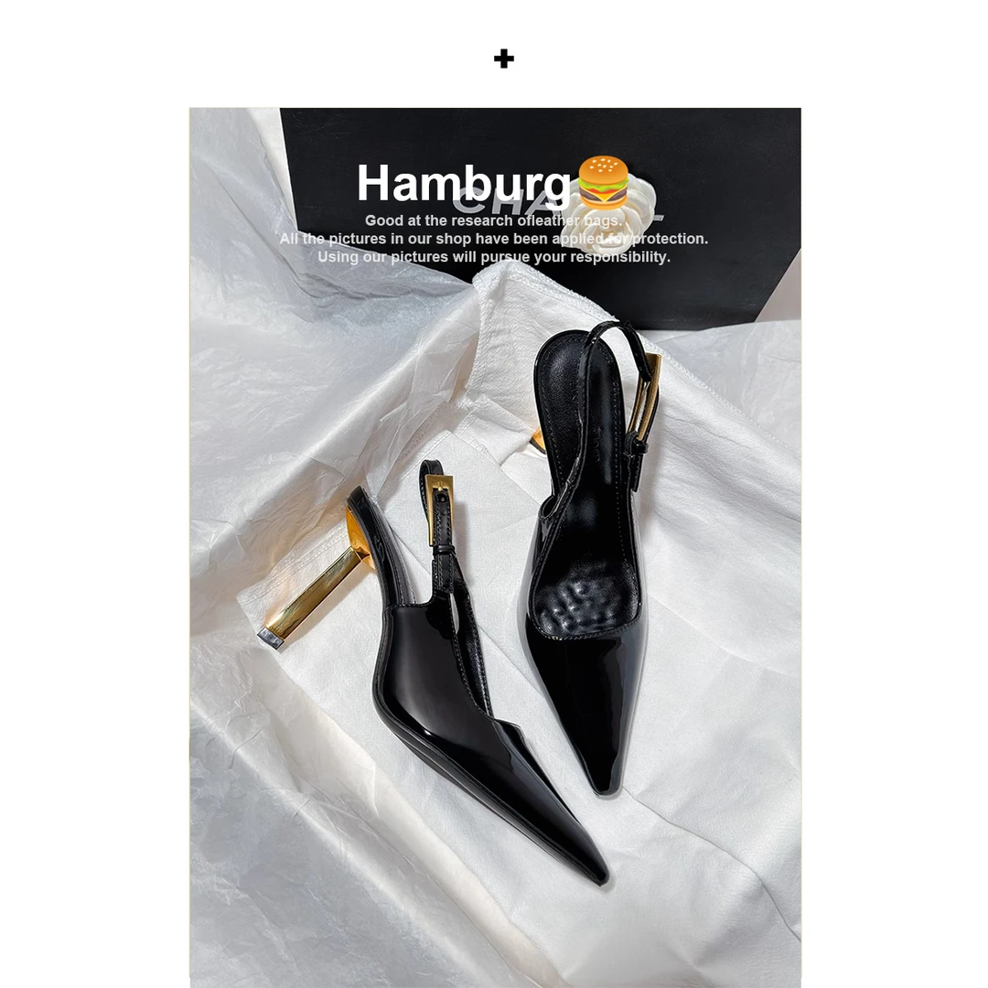 汉堡Hamburg【重工小金条】漆皮高跟鞋女金色跟尖头细跟气质单鞋女