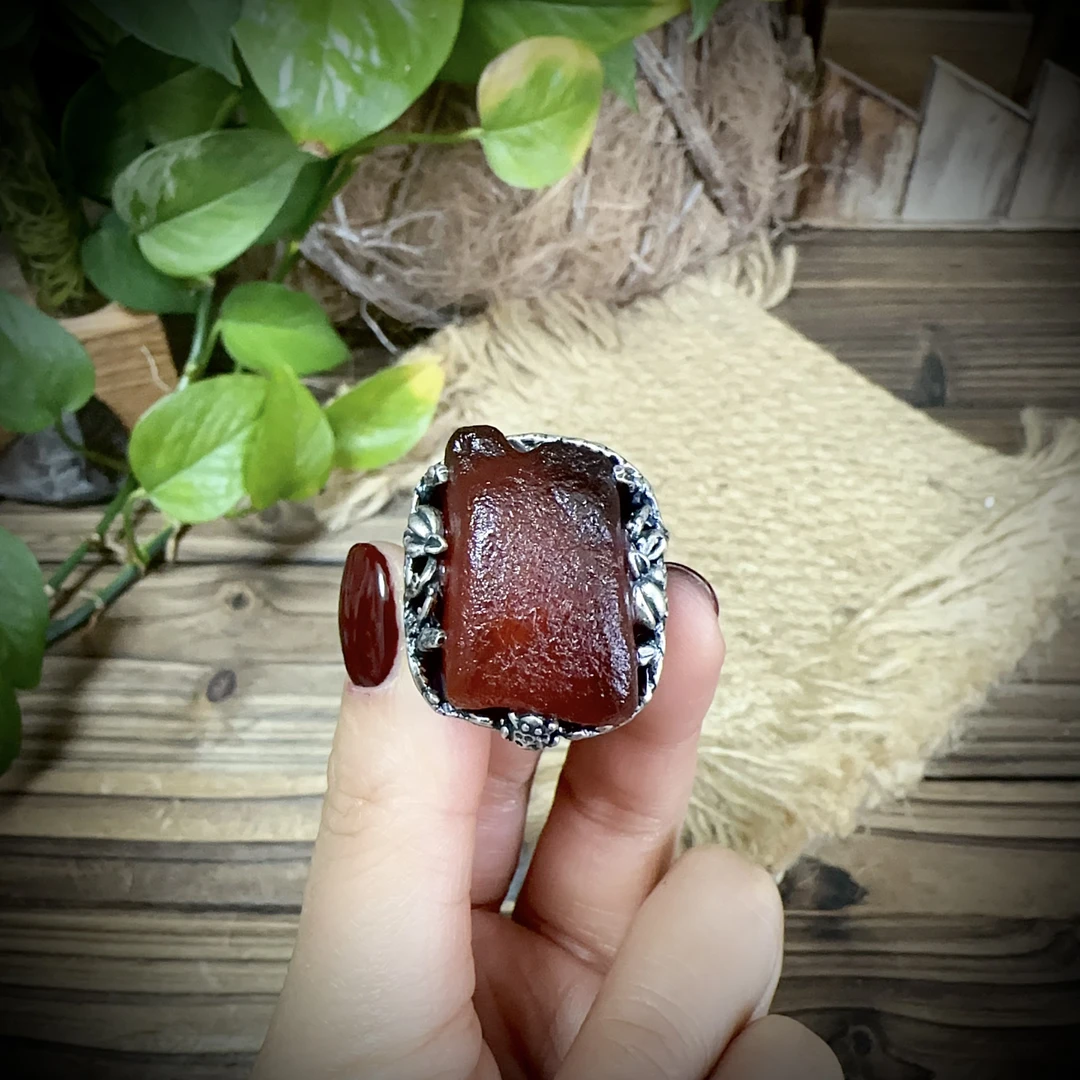 【古香古色】复古s925银蜜蜡琥珀戒指（开口可调节）