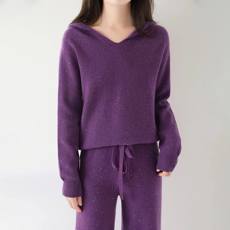 珠片纱休闲帽衫星光100%羊毛女士宽松打底衫毛衣(下单送洗护液)