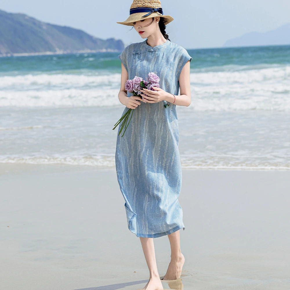 2025夏季新款亚麻提花气质改良旗袍立领盘扣无袖凉感中国风连衣裙